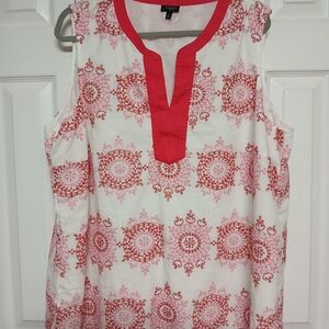 Talbots Plus 2X Sleeveless Embroidered Split Neck Tunic Blouse Red White